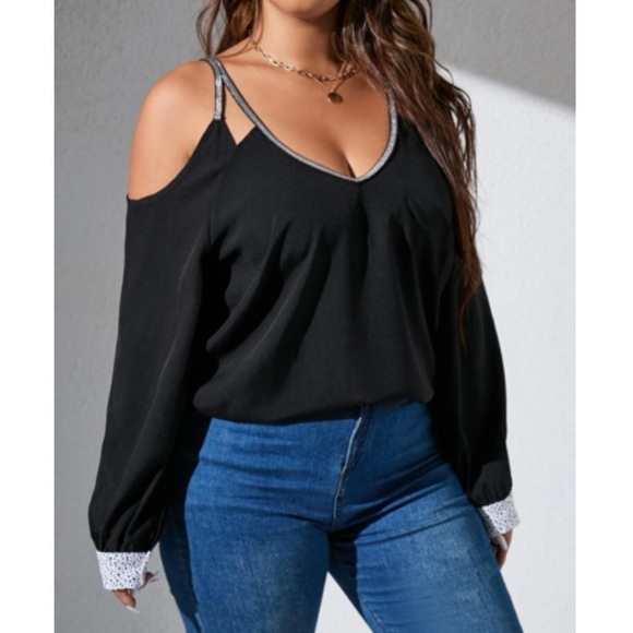 Plus size black contrast trim cold shoulder blouse - Picture 4 of 12